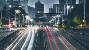 cars on a freeway at night